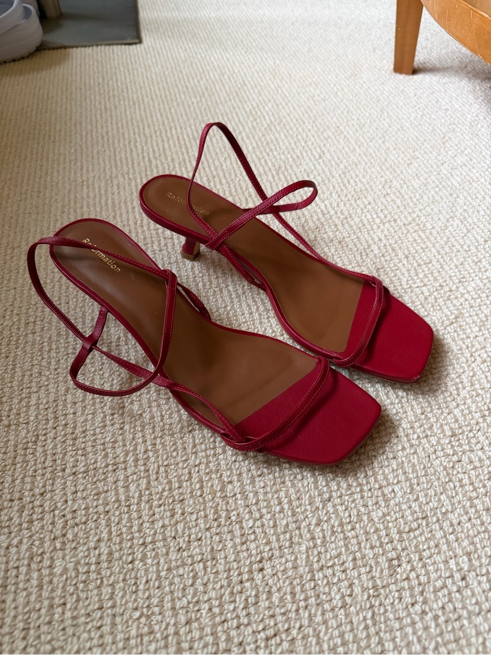 Reformation Red Strappy Kitten Heel Sandals